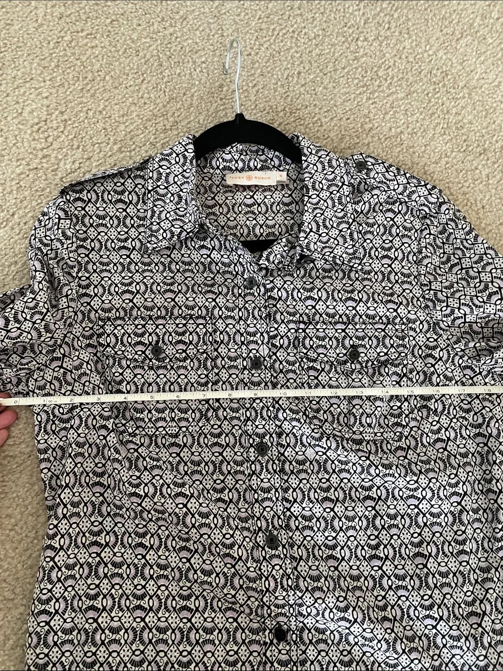 Tory Burch size 10 Black, White & Light Purple Patterned Blouse
